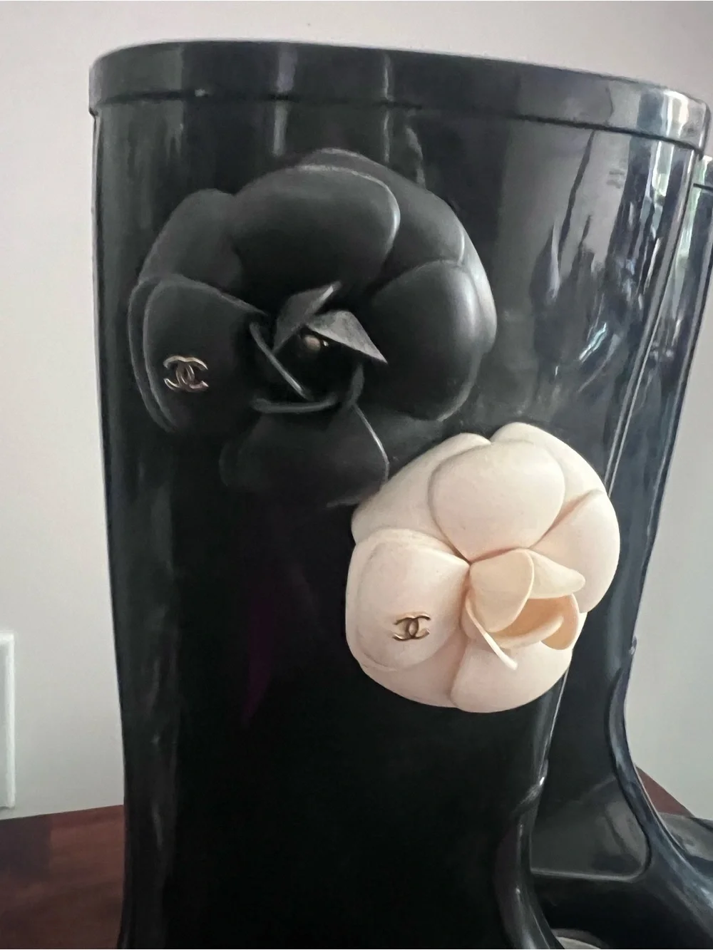 Women's Black Rain Boots with Cream and Black Camellias - Picture 2 of 11